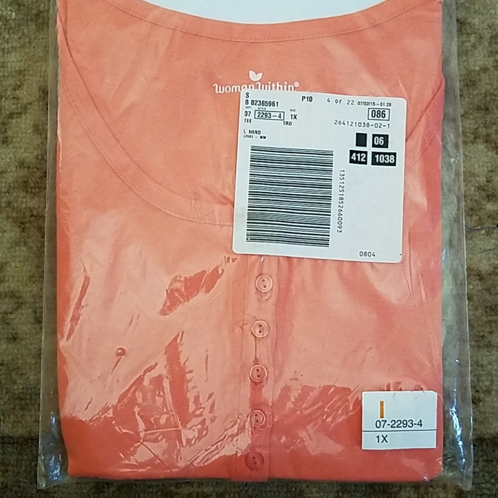 New Women's 1x Orange Coral Half Button Shirt